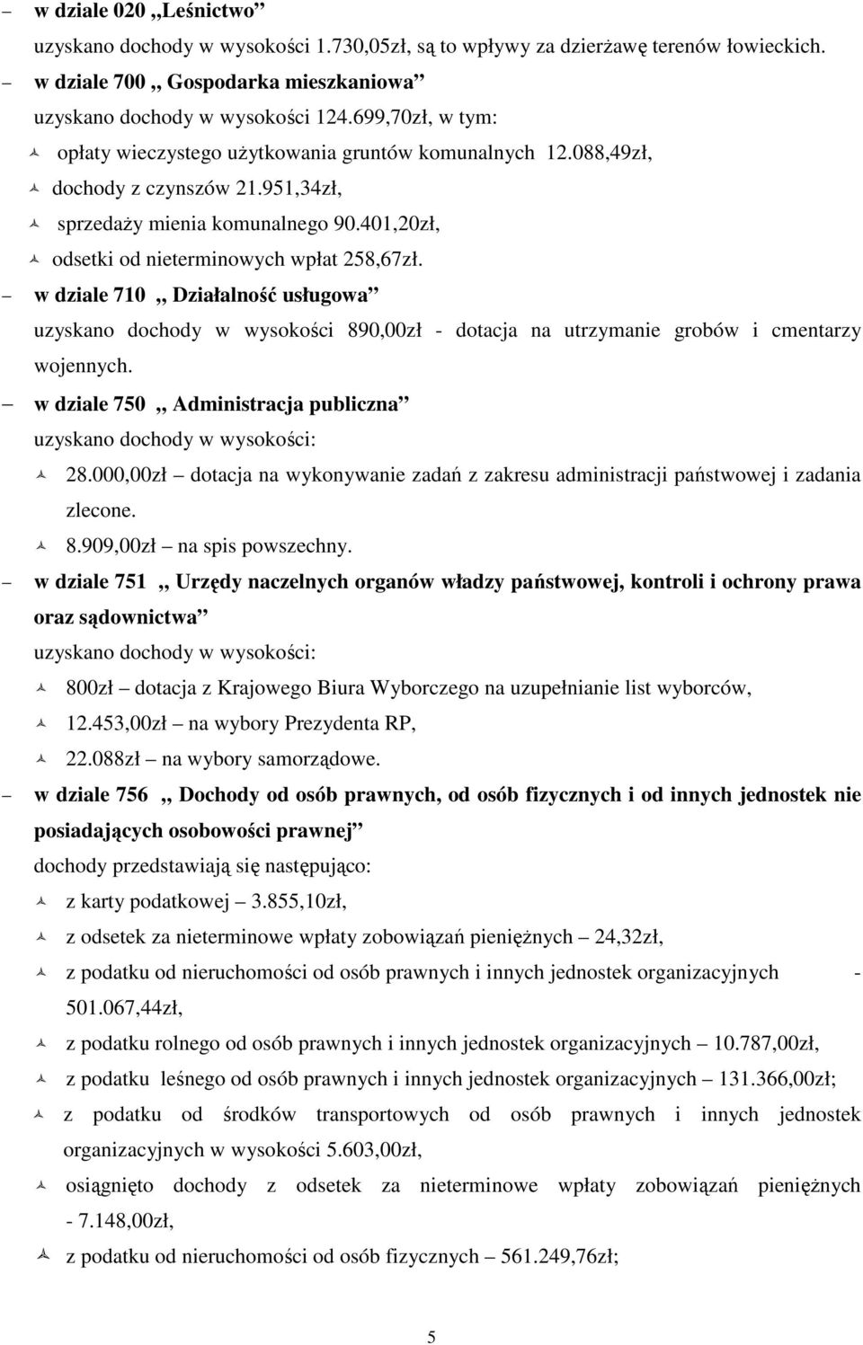 w dziale 710 Działalność usługowa uzyskano dochody w wysokości 890,00zł - dotacja na utrzymanie grobów i cmentarzy wojennych. w dziale 750 Administracja publiczna uzyskano dochody w wysokości: 28.