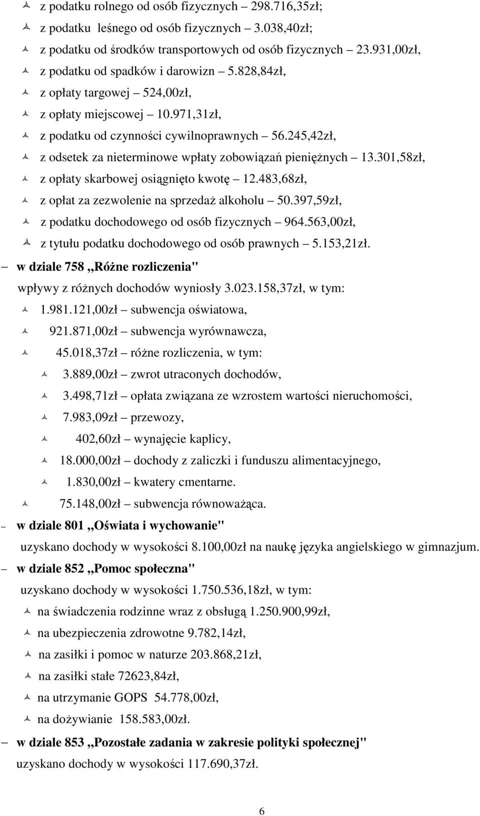 245,42zł, z odsetek za nieterminowe wpłaty zobowiązań pieniężnych 13.301,58zł, z opłaty skarbowej osiągnięto kwotę 12.483,68zł, z opłat za zezwolenie na sprzedaż alkoholu 50.