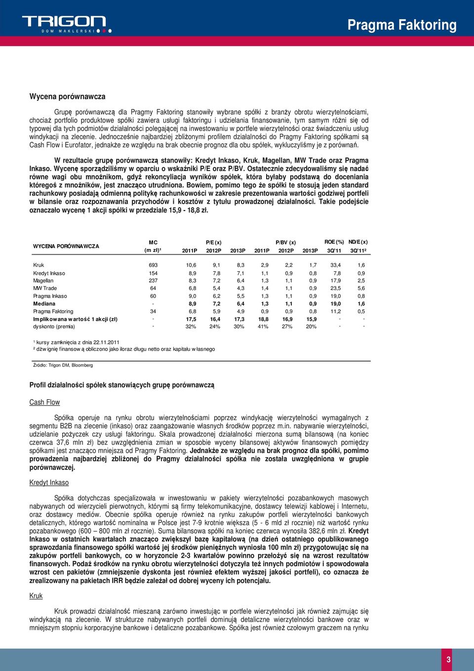 Jednocześnie najbardziej zbliżonymi profilem działalności do Pragmy Faktoring spółkami są Cash Flow i Eurofator, jednakże ze względu na brak obecnie prognoz dla obu spółek, wykluczyliśmy je z