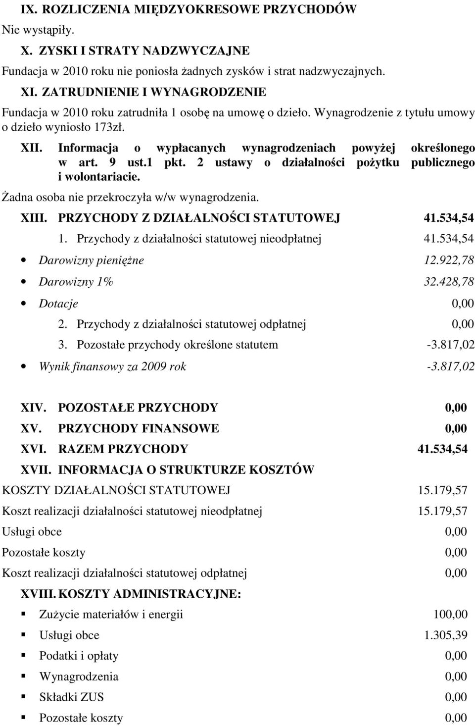 Informacja o wypłacanych wynagrodzeniach powyżej określonego w art. 9 ust.1 pkt. 2 ustawy o działalności pożytku publicznego i wolontariacie. Żadna osoba nie przekroczyła w/w wynagrodzenia. XIII.