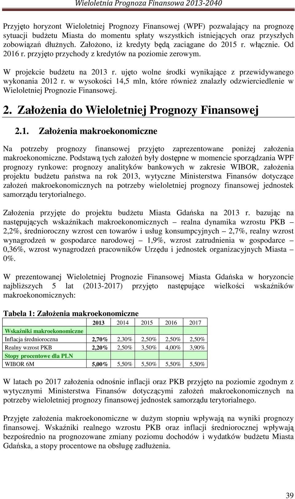 ujęto wolne środki wynikające z przewidywanego wykonania 2012 r. w wysokości 14,5 mln, które również znalazły odzwierciedlenie w Wieloletniej Prognozie Finansowej. 2. Założenia do Wieloletniej Prognozy Finansowej 2.