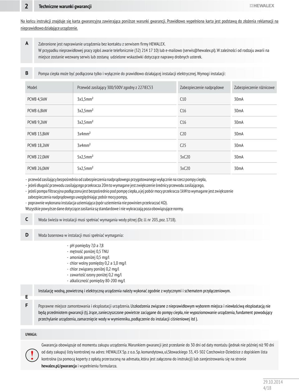 W przypadku nieprawidłowej pracy zgłoś awarie telefonicznie (32) 214 17 10) lub e-mailowo (serwis@hewalex.pl).