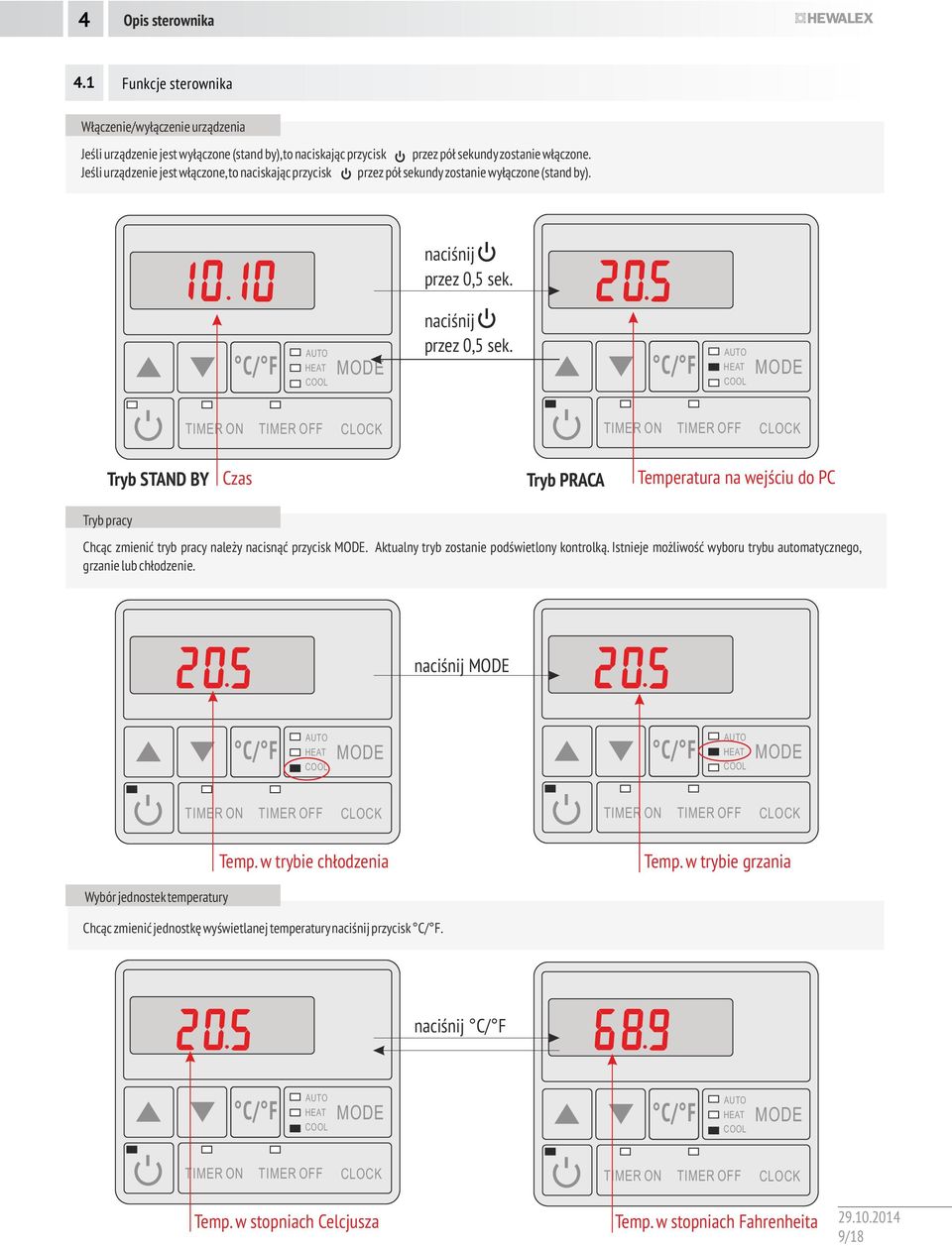 przez 0,5 sek. Tryb STAND BY Czas Tryb PRACA Temperatura na wejściu do PC Tryb pracy Chcąc zmienić tryb pracy należy nacisnąć przycisk. Aktualny tryb zostanie podświetlony kontrolką.