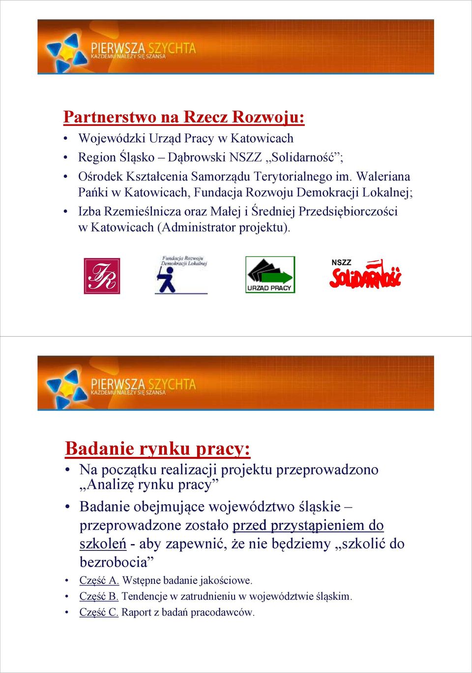 Badanie rynku pracy: Na początku realizacji projektu przeprowadzono Analizę rynku pracy Badanie obejmujące województwo śląskie przeprowadzone zostało przed przystąpieniem