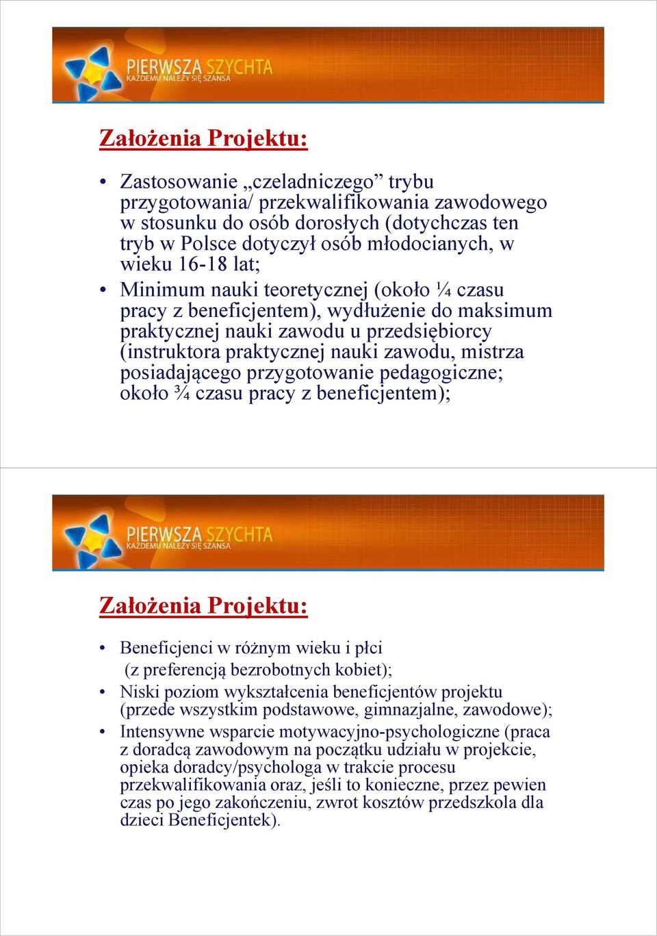 przygotowanie pedagogiczne; około ¾ czasu pracy z beneficjentem); Założenia Projektu: Beneficjenci w różnym wieku i płci (z preferencją bezrobotnych kobiet); Niski poziom wykształcenia beneficjentów