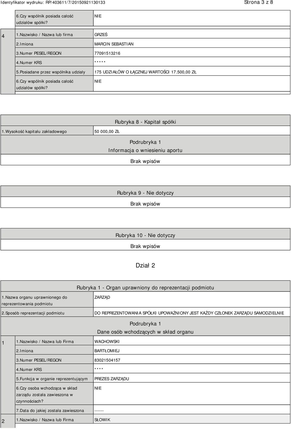 Wysokość kapitału zakładowego 50 000,00 ZŁ Podrubryka 1 Informacja o wniesieniu aportu Rubryka 9 - Nie dotyczy Rubryka 10 - Nie dotyczy Dział 2 Rubryka 1 - Organ uprawniony do reprezentacji podmiotu