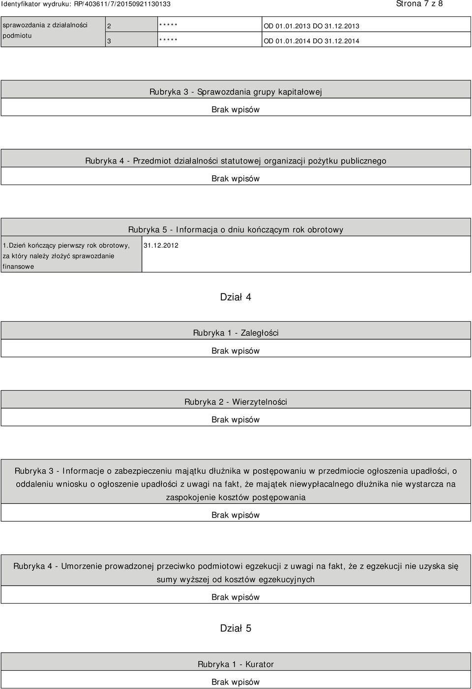 2014 Rubryka 3 - Sprawozdania grupy kapitałowej Rubryka 4 - Przedmiot działalności statutowej organizacji pożytku publicznego Rubryka 5 - Informacja o dniu kończącym rok obrotowy 1.