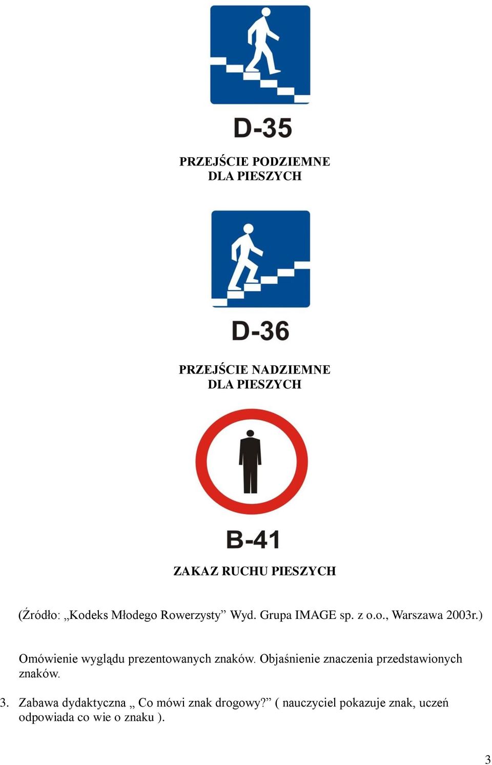 ) Omówienie wyglądu prezentowanych znaków. Objaśnienie znaczenia przedstawionych znaków. 3.