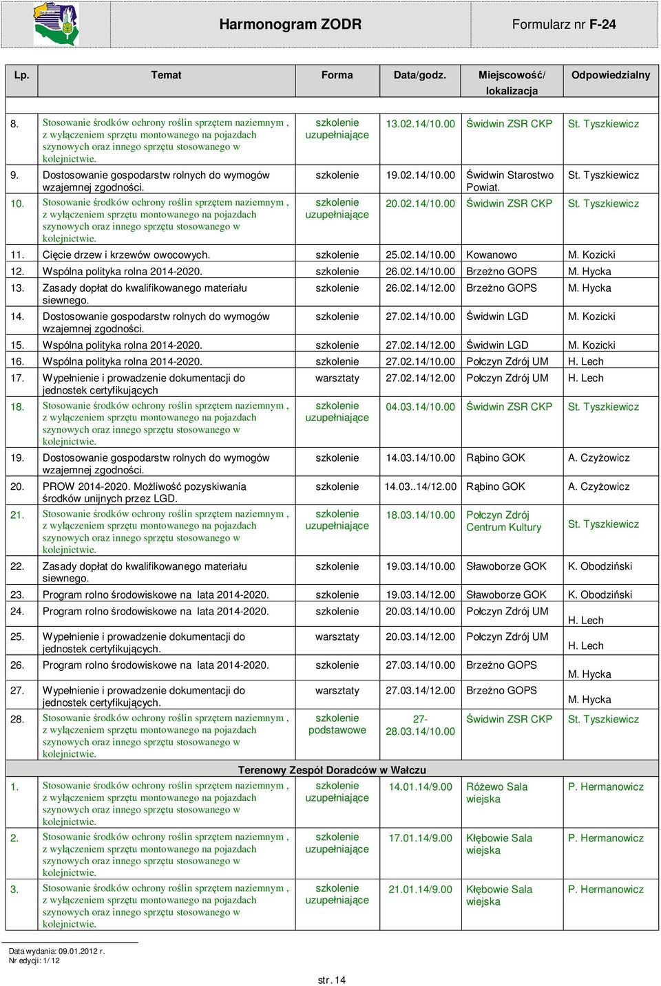 Kozicki 12. Wspólna polityka rolna 26.02.14/10.00 Brze no GOPS M. Hycka 13. Zasady dop at do kwalifikowanego materia u siewnego. 14. Dostosowanie gospodarstw rolnych do wymogów 26.02.14/12.