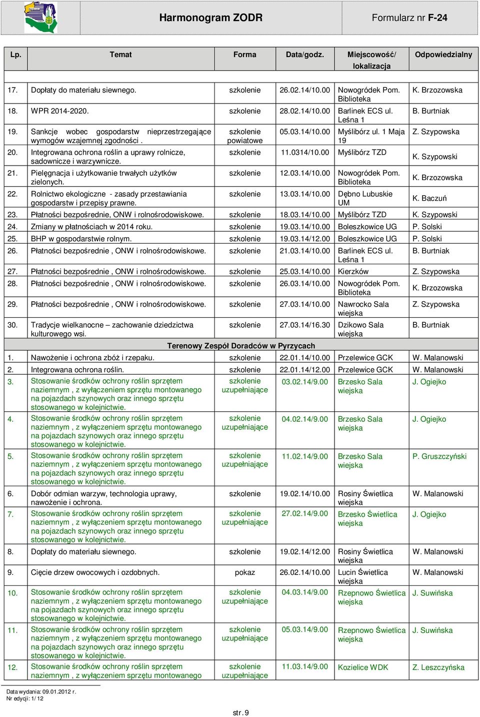 Rolnictwo ekologiczne - zasady przestawiania gospodarstw i przepisy prawne. str. 9 05.03.14/10.00 My libórz ul. 1 Maja 19 11.0314/10.00 My libórz TZD 12.03.14/10.00 Nowogródek Pom. Biblioteka 13.03.14/10.00 D bno Lubuskie UM K.