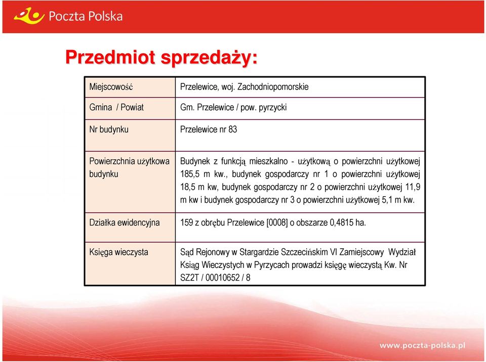 , budynek gospodarczy nr 1 o powierzchni użytkowej 18,5 m kw, budynek gospodarczy nr 2 o powierzchni użytkowej 11,9 m kw i budynek gospodarczy nr 3 o powierzchni