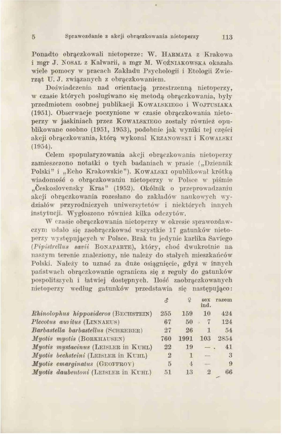 Doświadczenia nad orientacją przestrzenną nietoperzy, w czasie których posługiwano się metodą obrączkowania, były przedmiotem osobnej publikacji KOWALSKIEGO i WOJTUSIAKA (1951).
