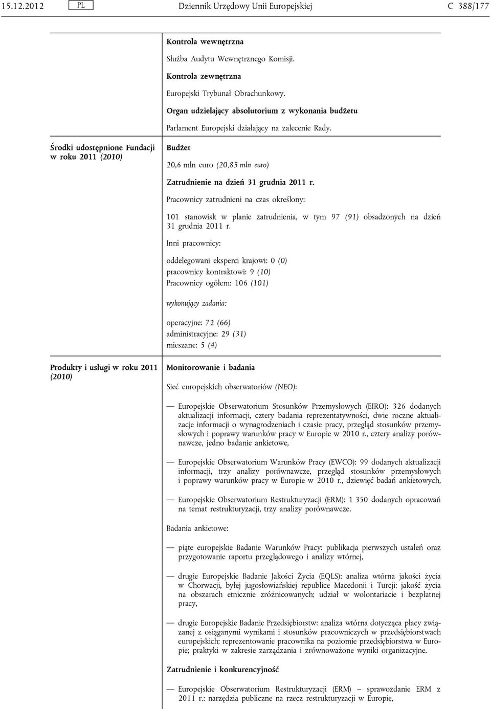 Środki udostępnione Fundacji w roku 2011 (2010) Budżet 20,6 mln euro (20,85 mln euro) Zatrudnienie na dzień 31 grudnia 2011 r.