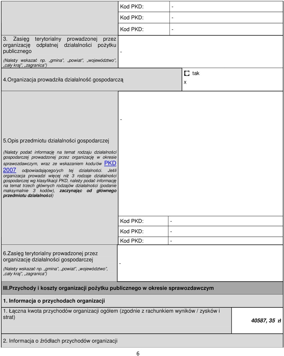 Opis przedmiotu działalności gospodarczej (NaleŜy podać informację na temat rodzaju działalności gospodarczej prowadzonej przez organizację w okresie sprawozdawczym, wraz ze wskazaniem kodu/ów PKD