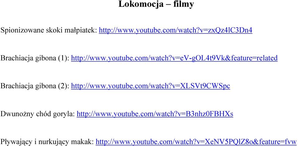 v=ev-gol4t9vk&feature=related Brachiacja gibona (2): http://www.youtube.com/watch?