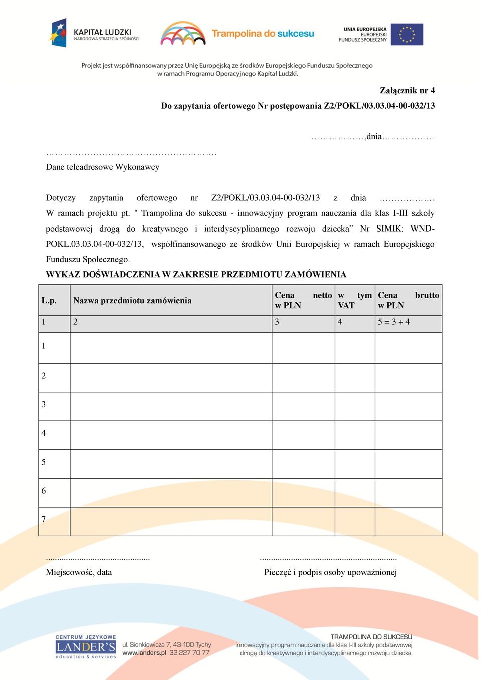 " Trampolina do sukcesu - innowacyjny program nauczania dla klas I-III szkoły podstawowej drogą do kreatywnego i interdyscyplinarnego rozwoju dziecka Nr SIMIK: WND- POKL.03.