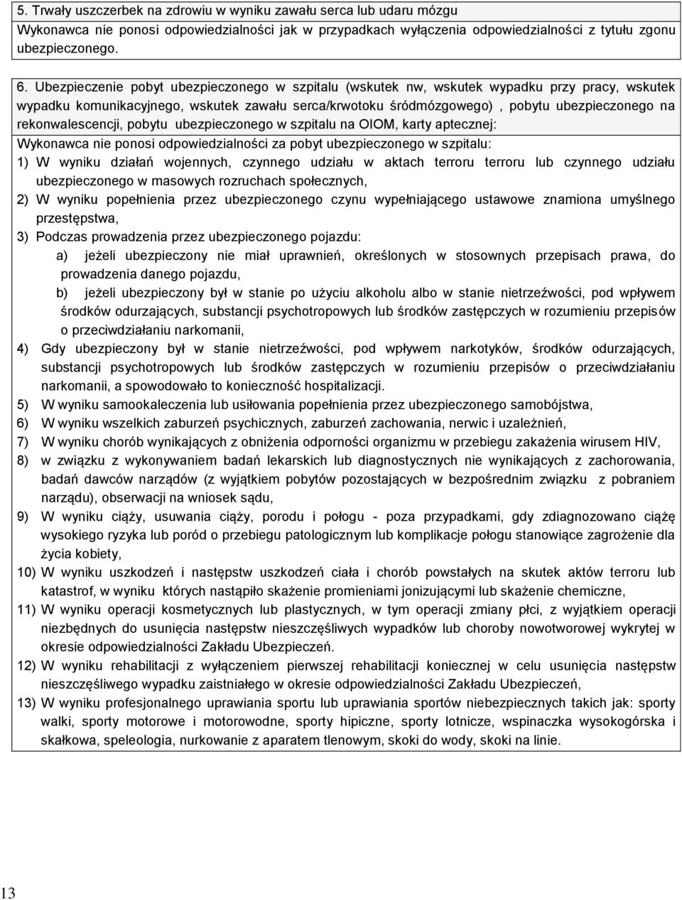 rekonwalescencji, pobytu ubezpieczonego w szpitalu na OIOM, karty aptecznej: Wykonawca nie ponosi odpowiedzialności za pobyt ubezpieczonego w szpitalu: 1) W wyniku działań wojennych, czynnego udziału