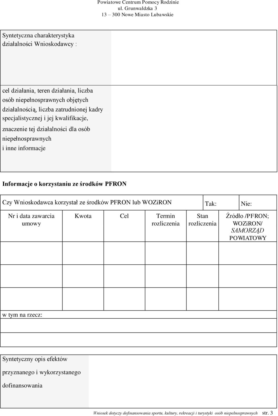 korzystał ze środków PFRON lub WOZiRON Tak: Nie: Nr i data zawarcia umowy Kwota Cel Termin rozliczenia Stan rozliczenia Źródło /PFRON; WOZiRON/ SAMORZĄD POWIATOWY w tym