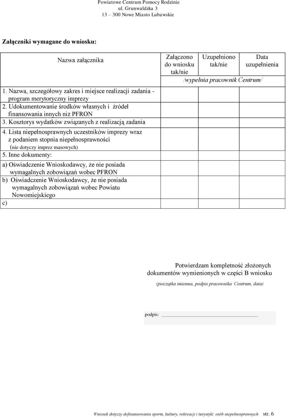 Lista niepełnosprawnych uczestników imprezy wraz z podaniem stopnia niepełnosprawności (nie dotyczy imprez masowych) 5.