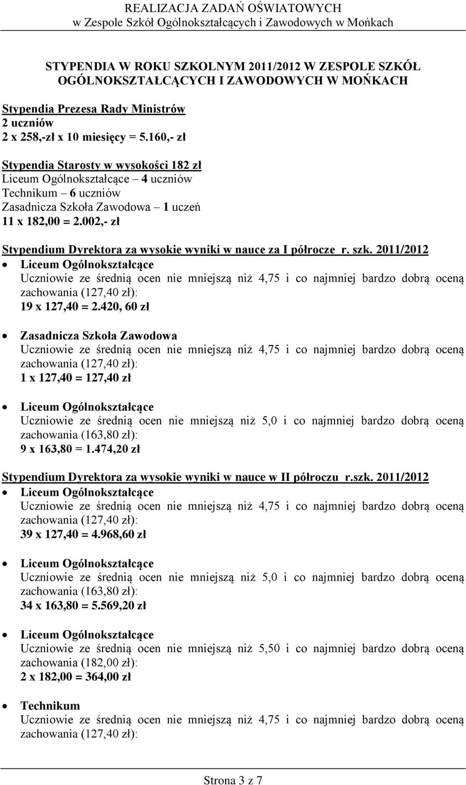 nauce za I półrocze r. szk. 2011/2012 Liceum Ogólnokształcące 19 x 127,40 = 420, 60 zł Zasadnicza Szkoła Zawodowa 1 x 127,40 = 127,40 zł Liceum Ogólnokształcące 9 x 163,80 = 1.