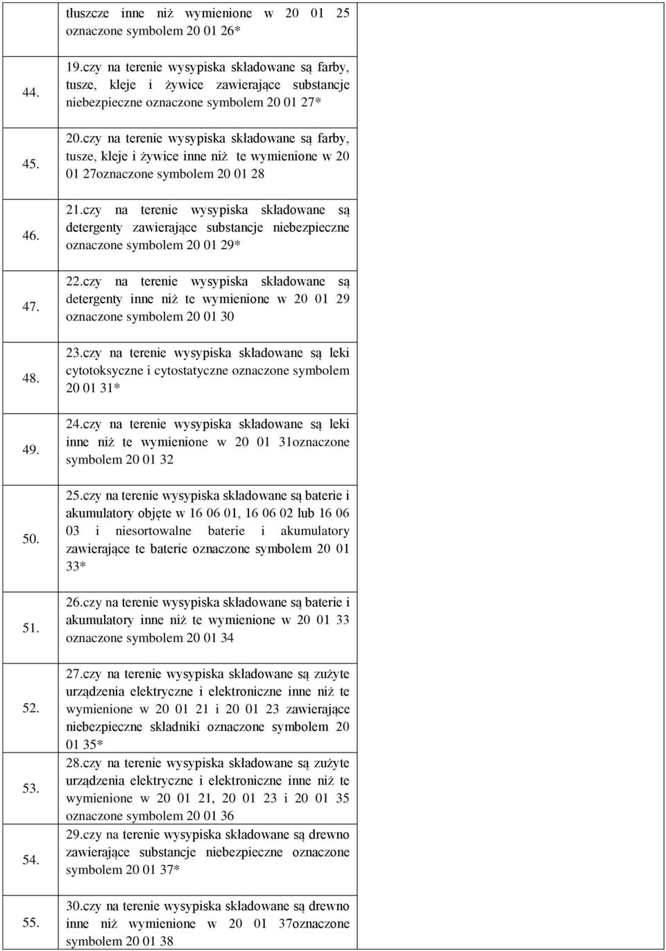 czy na terenie wysypiska składowane są farby, tusze, kleje i żywice inne niż te wymienione w 20 01 27oznaczone symbolem 20 01 28 21.