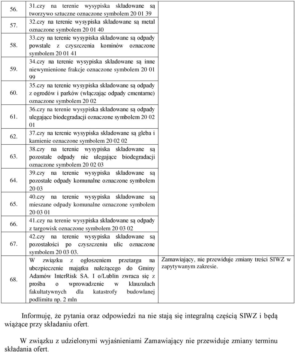 czy na terenie wysypiska składowane są inne niewymienione frakcje oznaczone symbolem 20 01 99 35.