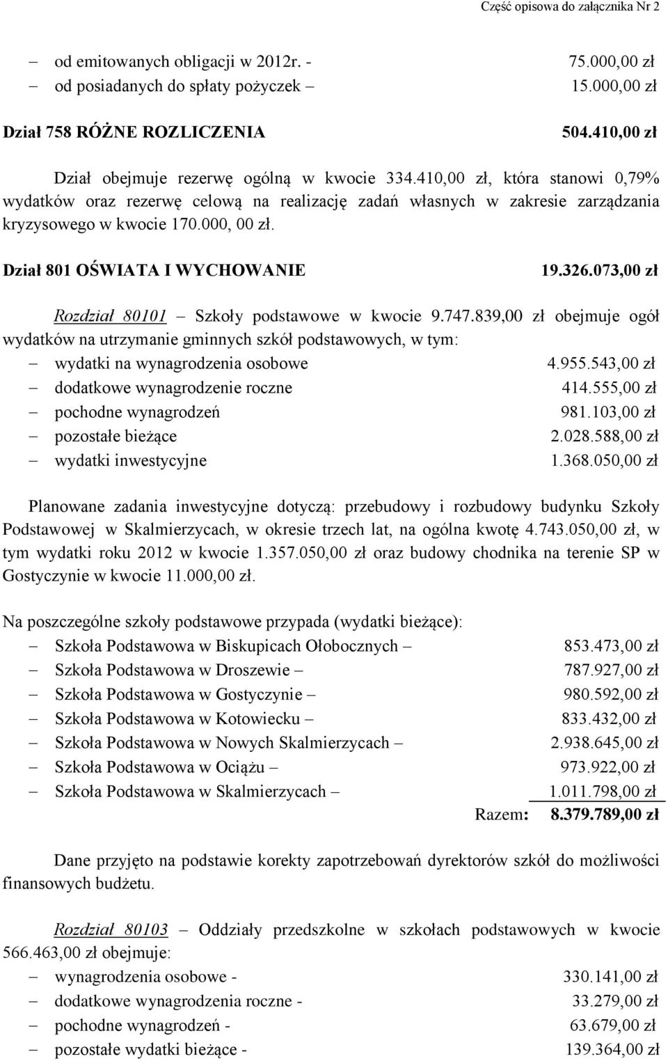 073,00 zł Rozdział 80101 Szkoły podstawowe w kwocie 9.747.839,00 zł obejmuje ogół wydatków na utrzymanie gminnych szkół podstawowych, w tym: wydatki na wynagrodzenia osobowe 4.955.