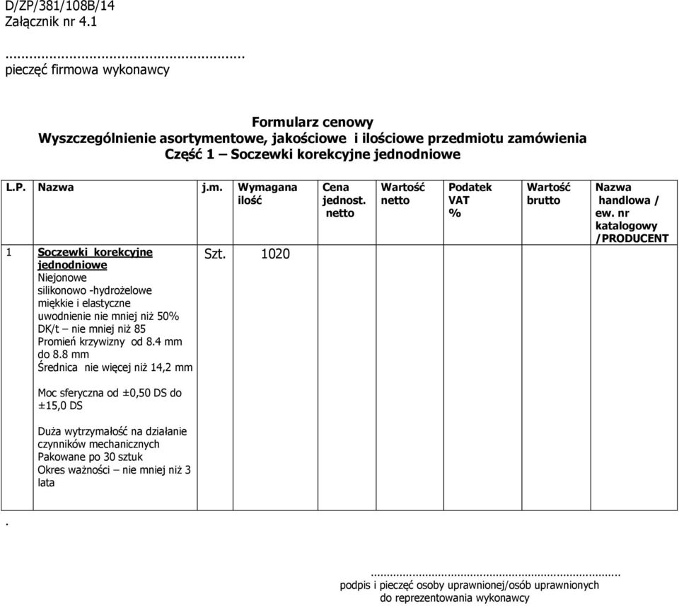 Promień krzywizny od 84 mm do 88 mm Średnica nie więcej niż 14,2 mm Szt 1020 Moc sferyczna od ±0,50 DS do