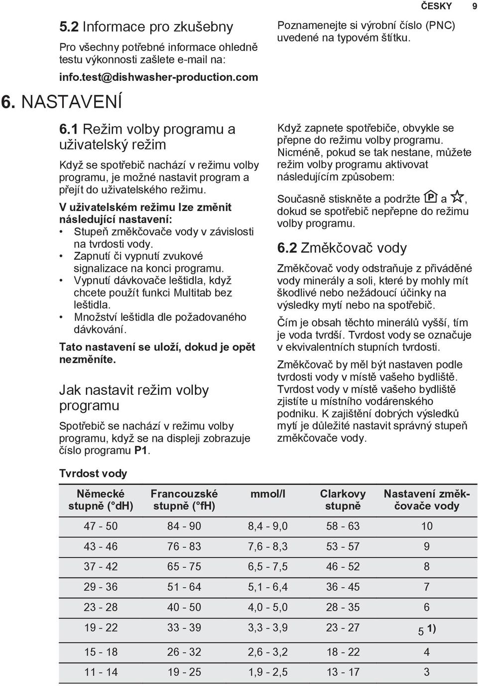 V uživatelském režimu lze změnit následující nastavení: Stupeň změkčovače vody v závislosti na tvrdosti vody. Zapnutí či vypnutí zvukové signalizace na konci programu.