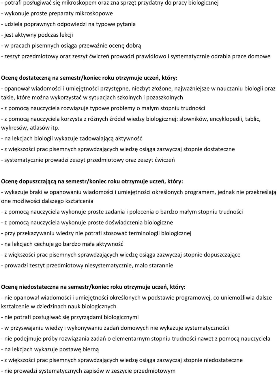 otrzymuje uczeń, który: - opanował wiadomości i umiejętności przystępne, niezbyt złożone, najważniejsze w nauczaniu biologii oraz takie, które można wykorzystać w sytuacjach szkolnych i pozaszkolnych