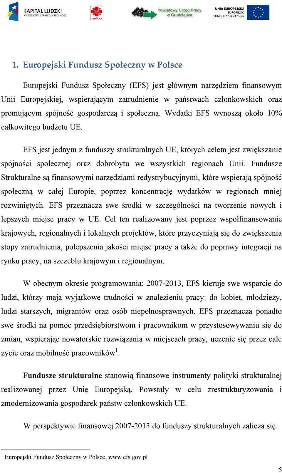 EFS jest jednym z funduszy strukturalnych UE, których celem jest zwiększanie spójności społecznej oraz dobrobytu we wszystkich regionach Unii.