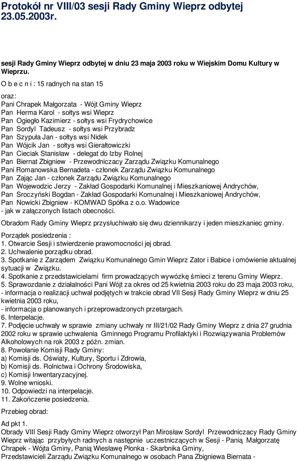 wsi Przybradz Pan Szypuła Jan - sołtys wsi Nidek Pan Wójcik Jan - sołtys wsi Gierałtowiczki Pan Cieciak Stanisław - delegat do Izby Rolnej Pan Biernat Zbigniew - Przewodniczacy Zarządu Związku