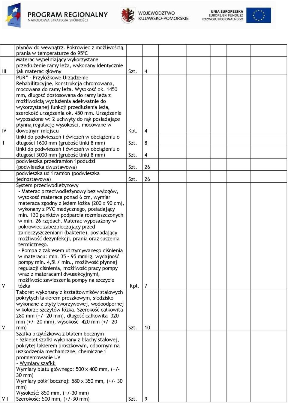 1450 mm, długość dostosowana do ramy leża z możliwością wydłużenia adekwatnie do wykorzystanej funkcji przedłużenia leża, szerokość urządzenia ok. 450 mm.