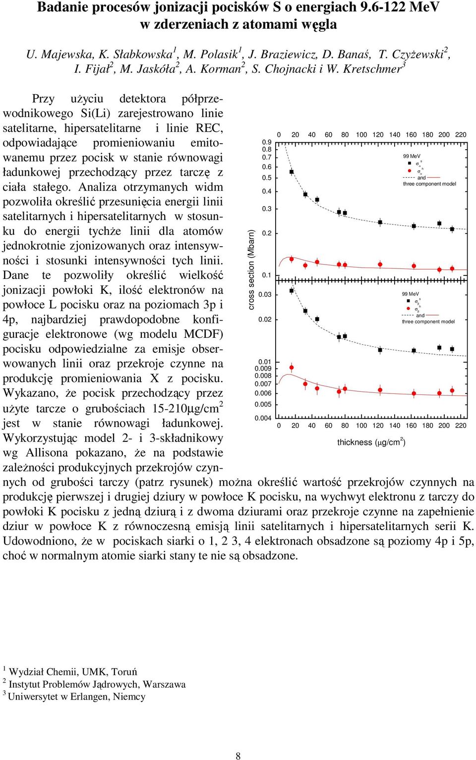 Kretschmer 3 Przy użyciu detektora półprzewodnikowego Si(Li) zarejestrowano linie satelitarne, hipersatelitarne i linie REC, odpowiadające promieniowaniu emitowanemu przez pocisk w stanie równowagi