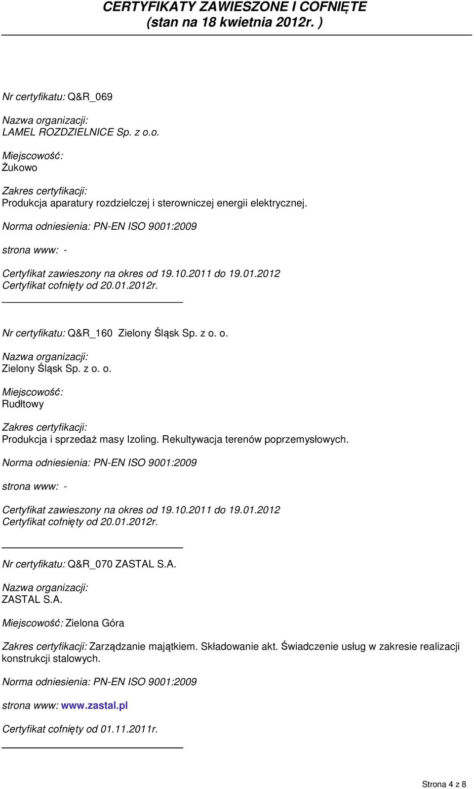 Rekultywacja terenów poprzemysłowych. Certyfikat zawieszony na okres od 19.10.2011 do 19.01.2012 Certyfikat cofnięty od 20.01.2012r. Nr certyfikatu: Q&R_070 ZAS