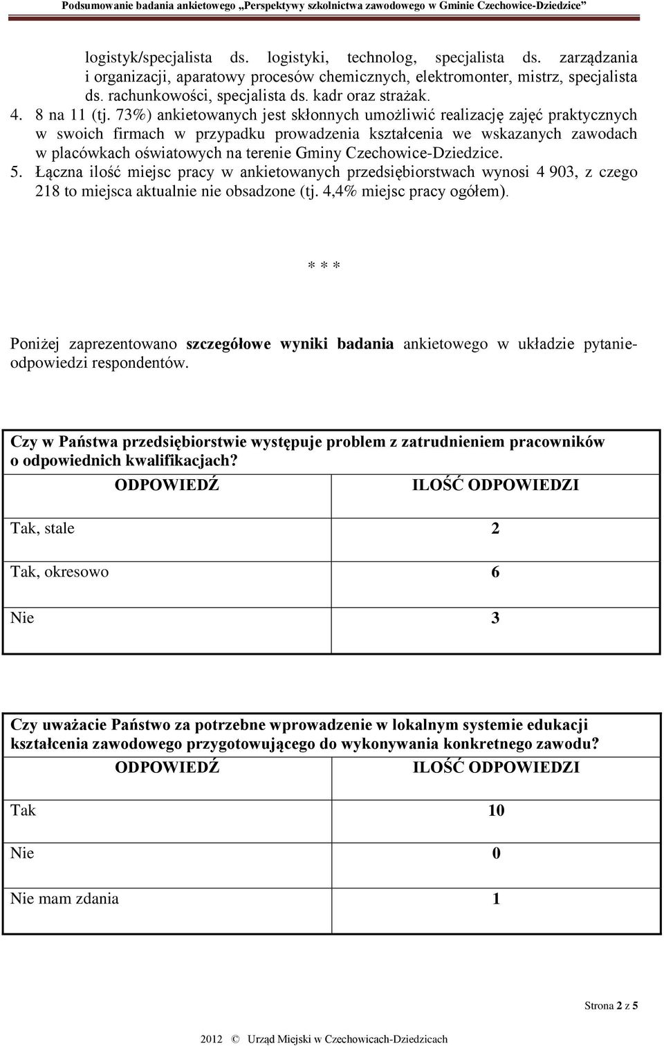 73%) ankietowanych jest skłonnych umożliwić realizację zajęć praktycznych w swoich firmach w przypadku prowadzenia kształcenia we wskazanych zawodach w placówkach oświatowych na terenie Gminy