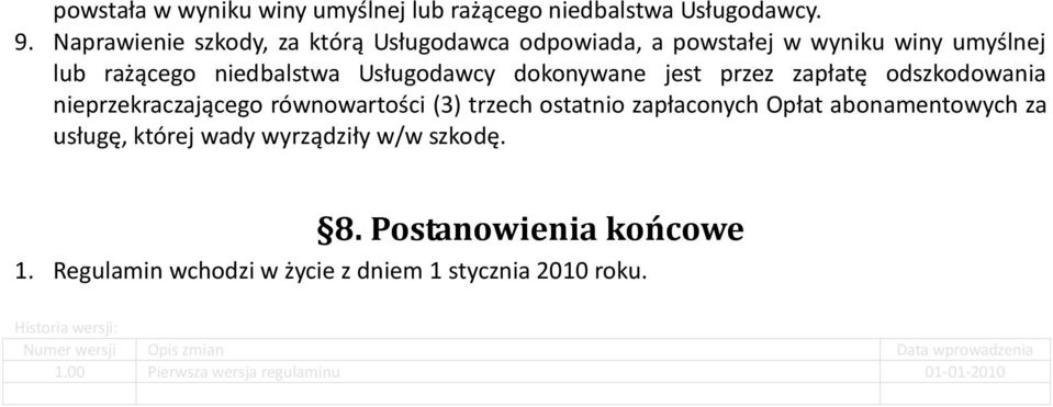 przez zapłatę odszkodowania nieprzekraczającego równowartości (3) trzech ostatnio zapłaconych Opłat abonamentowych za usługę, której wady