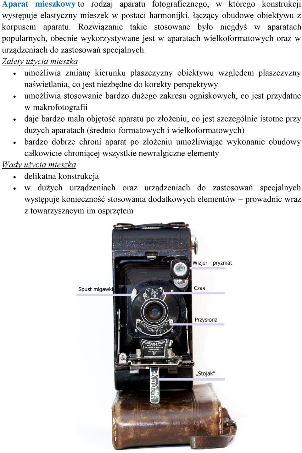 Zalety użycia mieszka umożliwia zmianę kierunku płaszczyzny obiektywu względem płaszczyzny naświetlania, co jest niezbędne do korekty perspektywy umożliwia stosowanie bardzo dużego zakresu