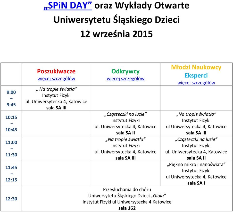 chóru Uniwersytetu Śląskiego Dzieci Gioia ul Uniwersytecka 4 Katowice sala 162 Młodzi Naukowcy Eksperci Na tropie