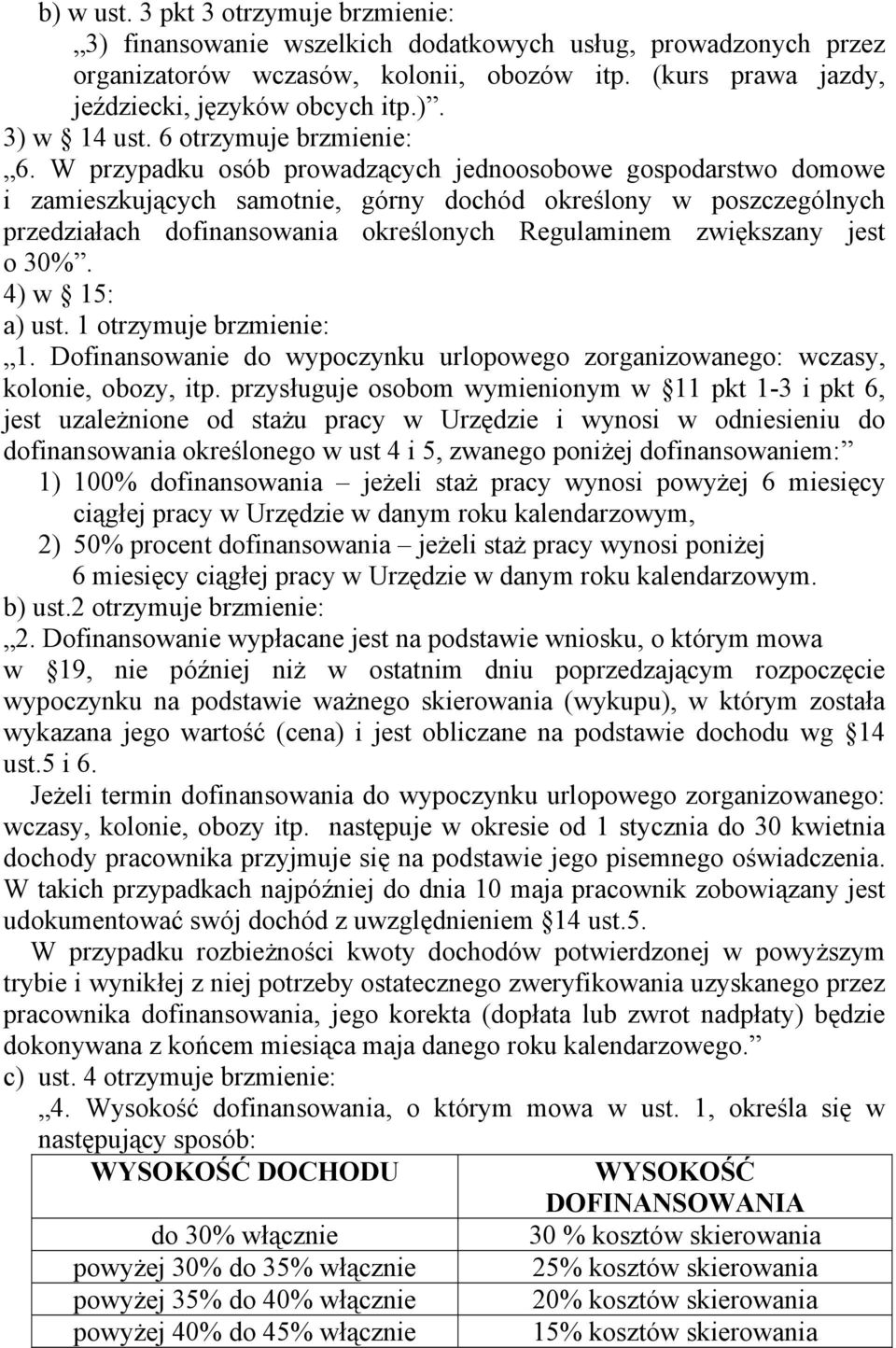 W przypadku osób prowadzących jednoosobowe gospodarstwo domowe i zamieszkujących samotnie, górny dochód określony w poszczególnych przedziałach dofinansowania określonych Regulaminem zwiększany jest