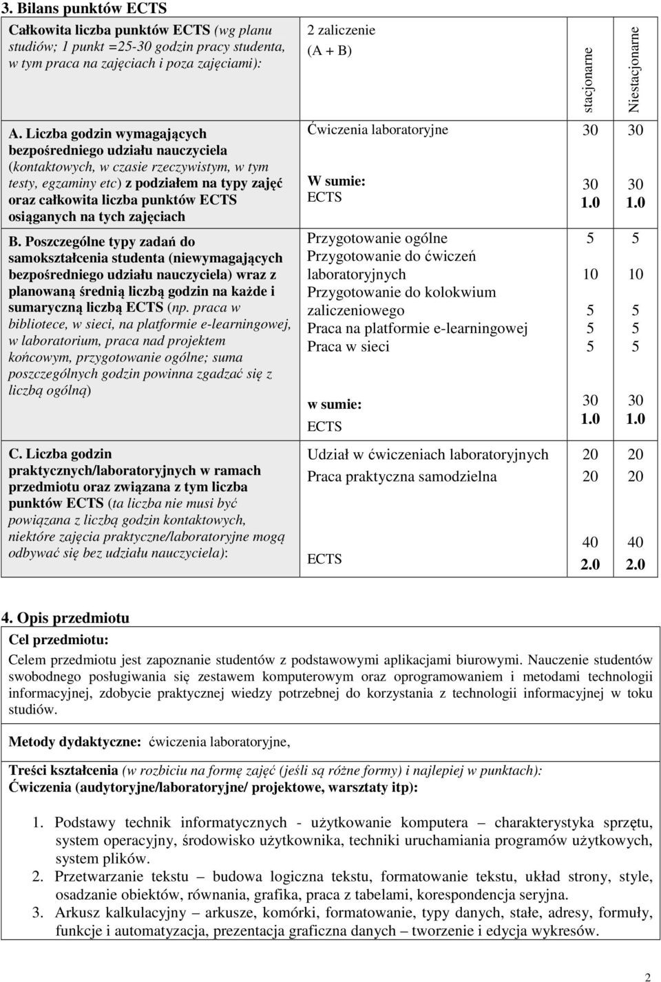 Liczba godzin wymagających bezpośredniego udziału nauczyciela (kontaktowych, w czasie rzeczywistym, w tym testy, egzaminy etc) z podziałem na typy zajęć oraz całkowita liczba punktów ECTS osiąganych