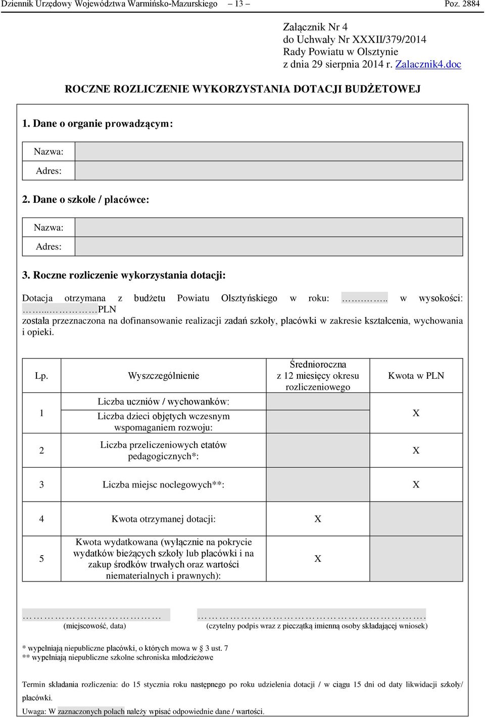 Roczne rozliczenie wykorzystania dotacji: Dotacja otrzymana z budżetu Powiatu Olsztyńskiego w roku:... w wysokości:.