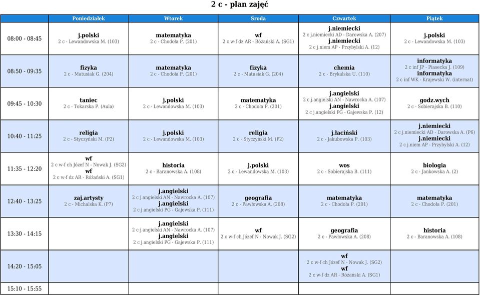 (Aula) 2 c - Lewandowska M. (103) 2 c - Chodoła P. (201) 2 c AN - Nawrocka A. (107) 2 c PG - Gajewska P. (12) 2 c - Sobierajska B. (110) 2 c - Styczyński M. (P2) 2 c - Lewandowska M.