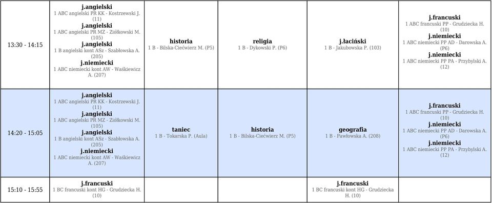 (12) 1 ABC angielski PR MZ - Ziółkowski M. 1 B angielski kont ASz - Szabłowska A. (205) 1 ABC niemiecki kont AW - Waśkiewicz A. (207) 1 B - Tokarska P. (Aula) 1 B - Bilska-Ciećwierz M.