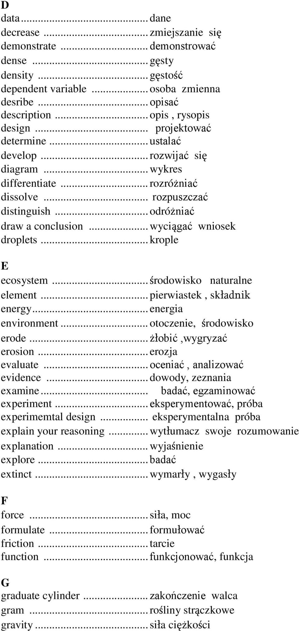 .. krople E ecosystem... środowisko naturalne element... pierwiastek, składnik energy... energia environment... otoczenie, środowisko erode... żłobić,wygryzać erosion... erozja evaluate.