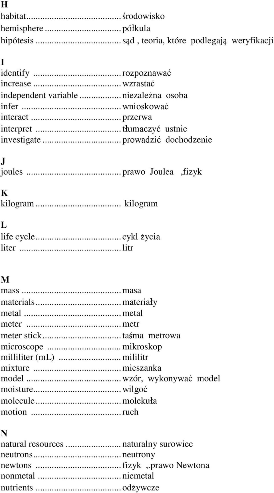 .. litr M mass... masa materials... materiały metal... metal meter... metr meter stick... taśma metrowa microscope... mikroskop milliliter (ml)... mililitr mixture... mieszanka model.