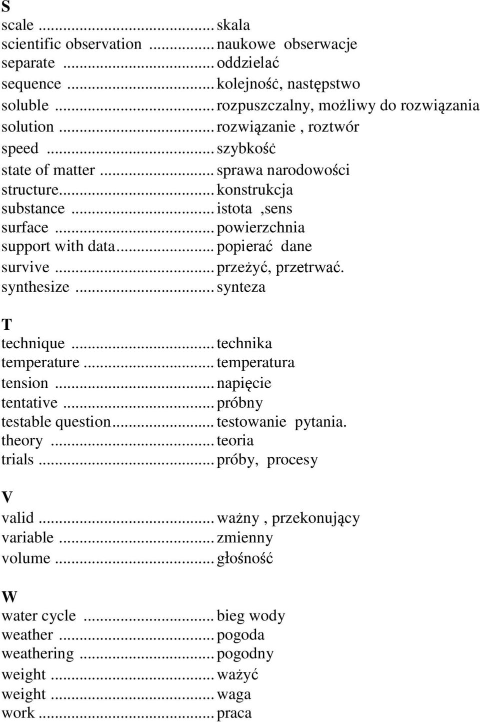 .. popierać dane survive... przeżyć, przetrwać. synthesize... synteza T technique... technika temperature... temperatura tension... napięcie tentative... próbny testable question.