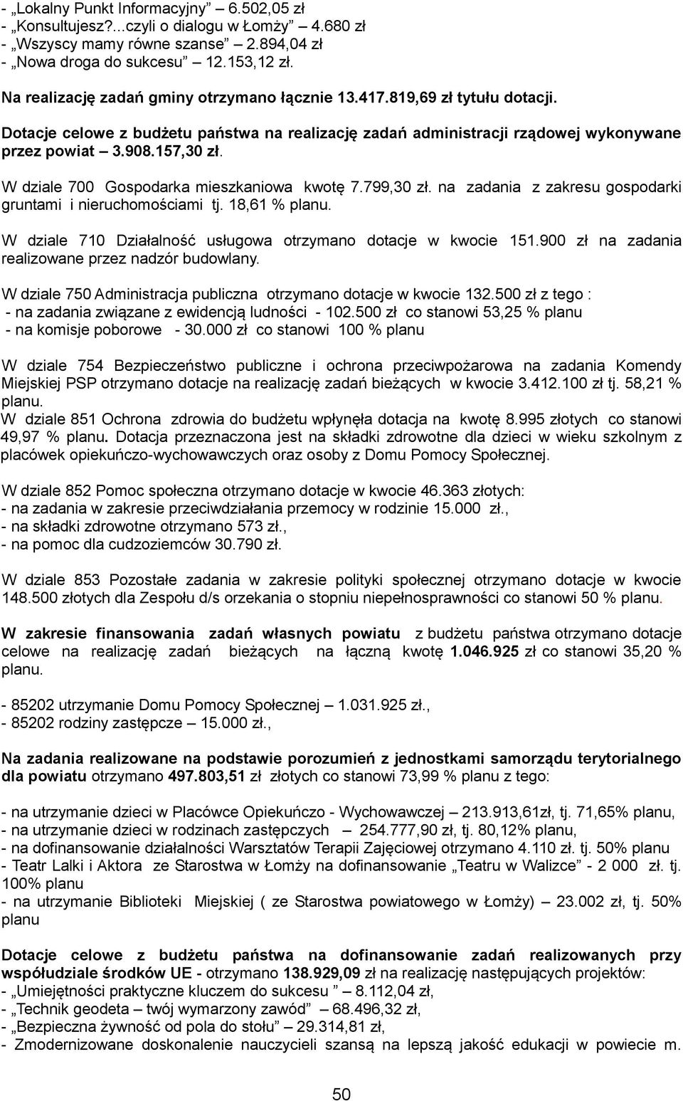 W dziale 700 Gospodarka mieszkaniowa kwotę 7.799,30 zł. na zadania z zakresu gospodarki gruntami i nieruchomościami tj. 18,61 % planu. W dziale 710 Działalność usługowa otrzymano dotacje w kwocie 151.