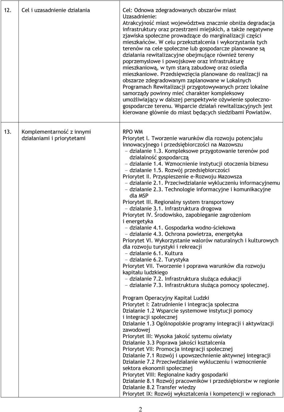 W celu przekształcenia i wykorzystania tych terenów na cele społeczne lub gospodarcze planowane są działania rewitalizacyjne obejmujące również tereny poprzemysłowe i powojskowe oraz infrastrukturę