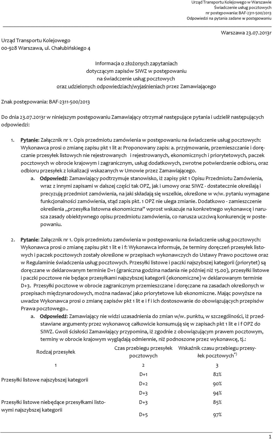 2311 500/2013 Do dnia 23.07.2013r w niniejszym postępowaniu Zamawiający otrzymał następujące pytania i udzielił następujących odpowiedzi: 1. Pytanie: Załącznik nr 1.